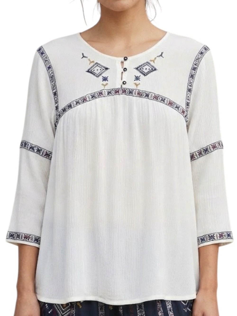 ROXY Bohemian Flowy Embroidered Gauze Peasant Blouse Ivory Size XS